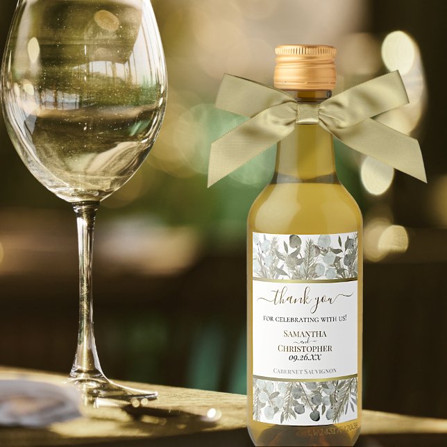 Eucalyptus Winter Greens Thank You Wedding Mini Wine Label (Creator Uploaded)