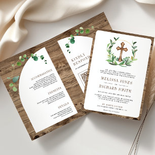 Eucalyptus Wood Cross All in One Catholic Wedding Invitation