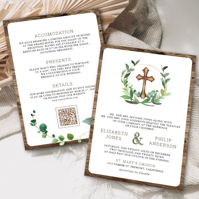 Eucalyptus Wood Cross All in One Catholic Wedding Invitation (Creator Uploaded)