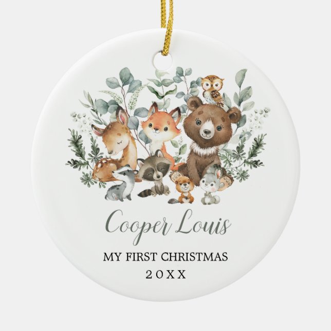 Eucalyptus Woodland Animals Baby 1st Christmas Ceramic Ornament (Front)