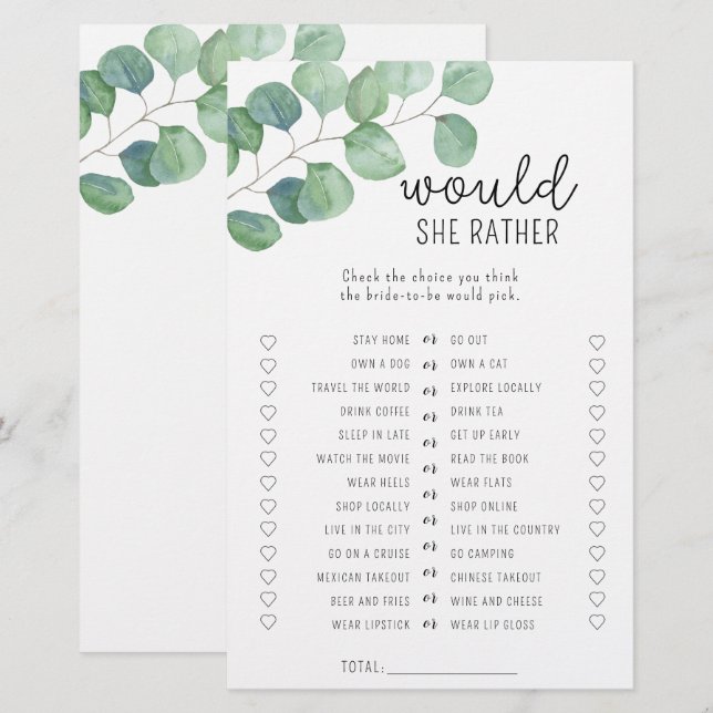 Eucalyptus - Would she rather bridal shower game (Front/Back)