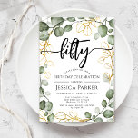 Eucalyptus Wreath 50th Birthday Party Invitation<br><div class="desc">50th Birthday Party Invitation. Elegant floral botanical design in green white and faux glitter gold. Classy modern design featuring hand painted watercolor greenery eucalyptus wreath and script font. Perfect for a stylish fiftieth bday celebration. Personalize with your own details. Can be customized for any age! Printed Zazzle invitations or instant...</div>