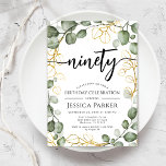 Eucalyptus Wreath 90th Birthday Party Invitation<br><div class="desc">90th Birthday Party Invitation. Elegant floral botanical design in green white and faux glitter gold. Classy modern design featuring hand painted watercolor greenery eucalyptus wreath and script font. Perfect for a stylish ninetieth bday celebration. Personalize with your own details. Can be customized for any age! Printed Zazzle invitations or instant...</div>