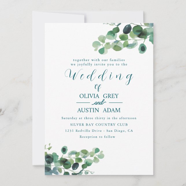 Eucalyptus Wreath And Greenery Wedding Invitations (Front)