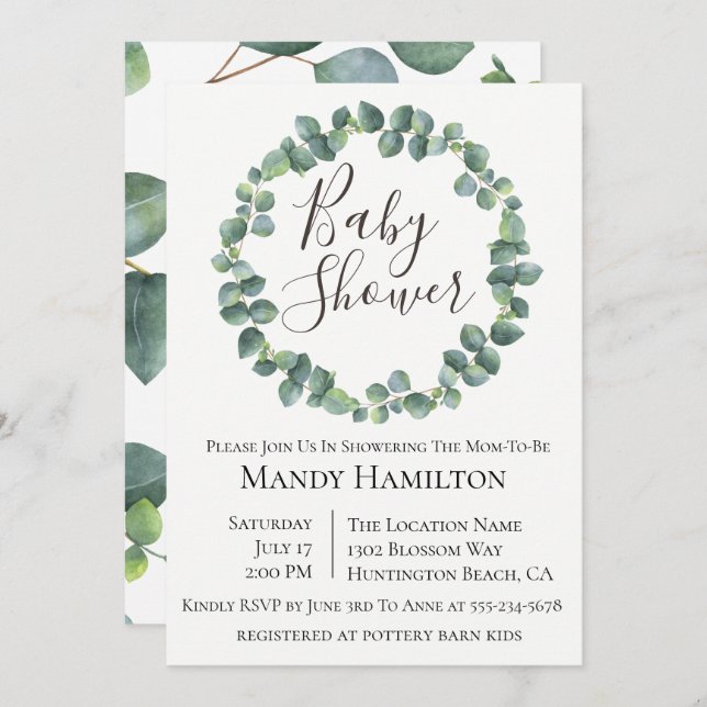 Eucalyptus Wreath Baby Shower Invitation (Front/Back)