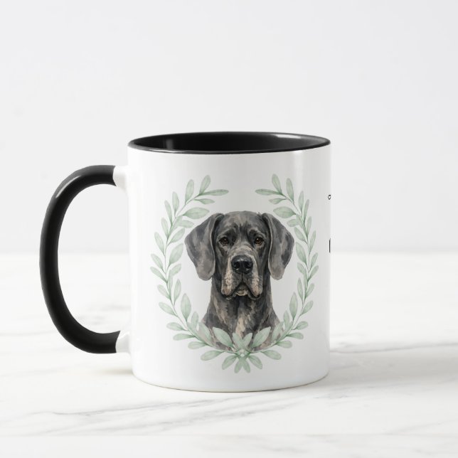 Eucalyptus Wreath Black Great Dane Dog Monogram Mug (Left)