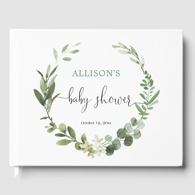 Eucalyptus wreath gender neutral baby shower guest book (Front)