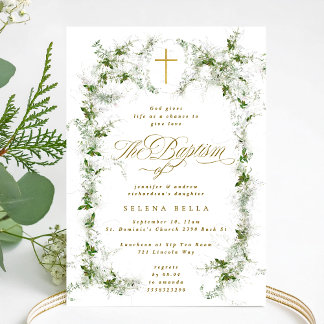 Eucalyptus Wreath Gold Cross Baptism Invitation