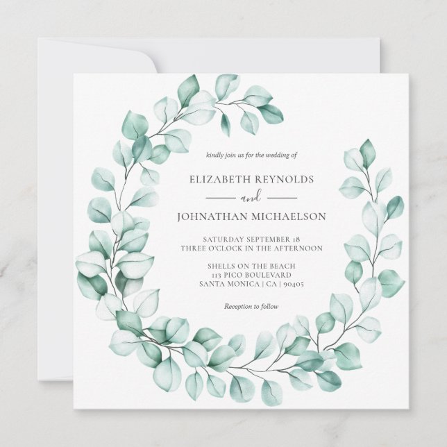 Eucalyptus Wreath Greenery Elegant Watercolor Invitation (Front)