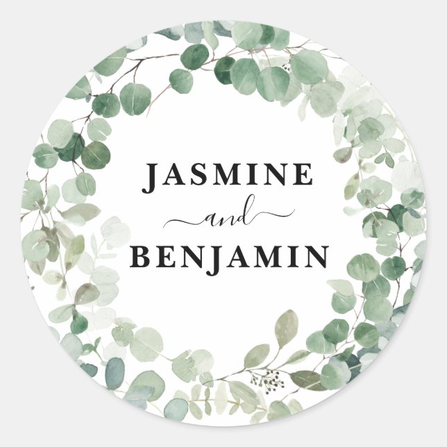 Eucalyptus Wreath Greenery Personalized Wedding Classic Round Sticker (Front)