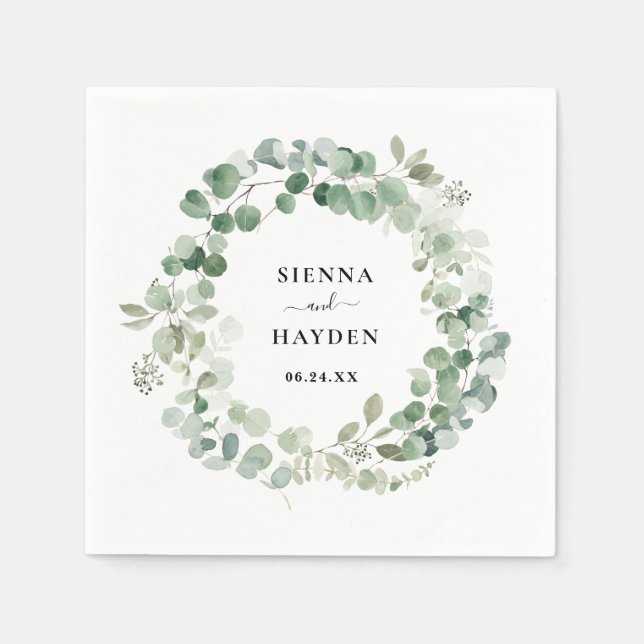 Eucalyptus Wreath Greenery Personalized Wedding Napkin (Front)
