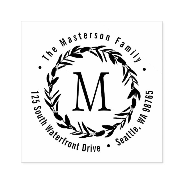 Eucalyptus Wreath Monogram Family Return Address Rubber Stamp (Imprint)