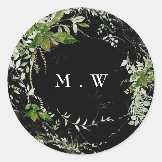 Eucalyptus Wreath Monogram Premium Black Envelope Classic Round Sticker (Front)