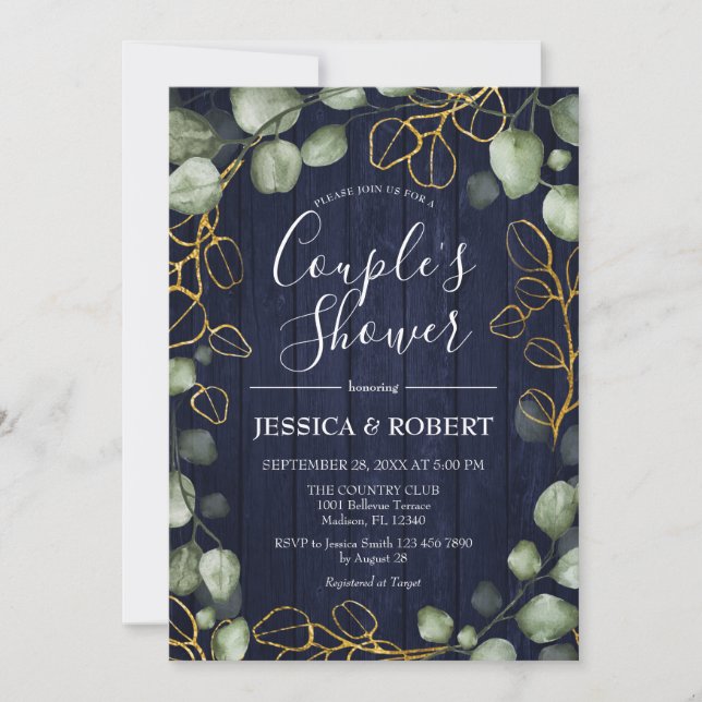 Eucalyptus Wreath Navy Wood Couples Shower Invitation (Front)