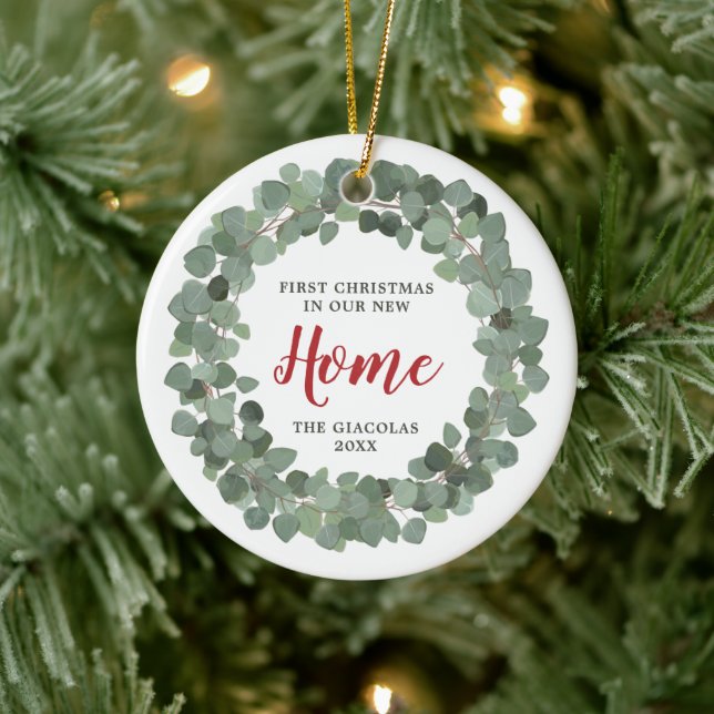Eucalyptus Wreath Personalized 1st Xmas New Home Ceramic Ornament (Tree)