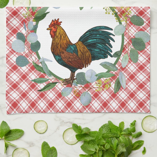 Eucalyptus Wreath & Rooster Farmhouse  Kitchen Towel (Folded)
