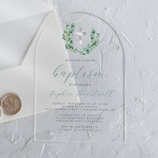 Eucalyptus Wreath Silver Cross Baptism Acrylic Invitations (Creator Uploaded)