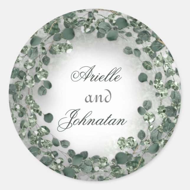 Eucalyptus Wreath Wedding Favour Rustic Crystals Classic Round Sticker (Front)