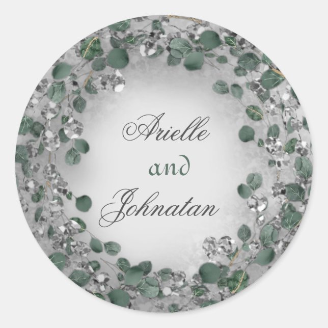 Eucalyptus Wreath Wedding Favour Rustic Mint Silve Classic Round Sticker (Front)