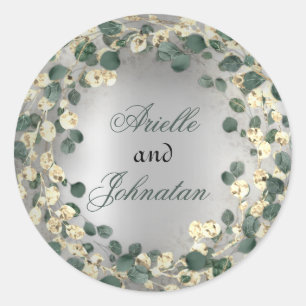Eucalyptus Wreath Wedding Name Favour Green Gold Classic Round Sticker