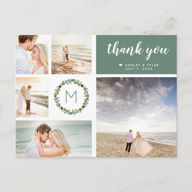 Eucalyptus Wreath Wedding Photo Collage Thank You Postcard (Front)
