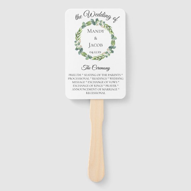 Eucalyptus Wreath Wedding Program Hand Fan (Front)