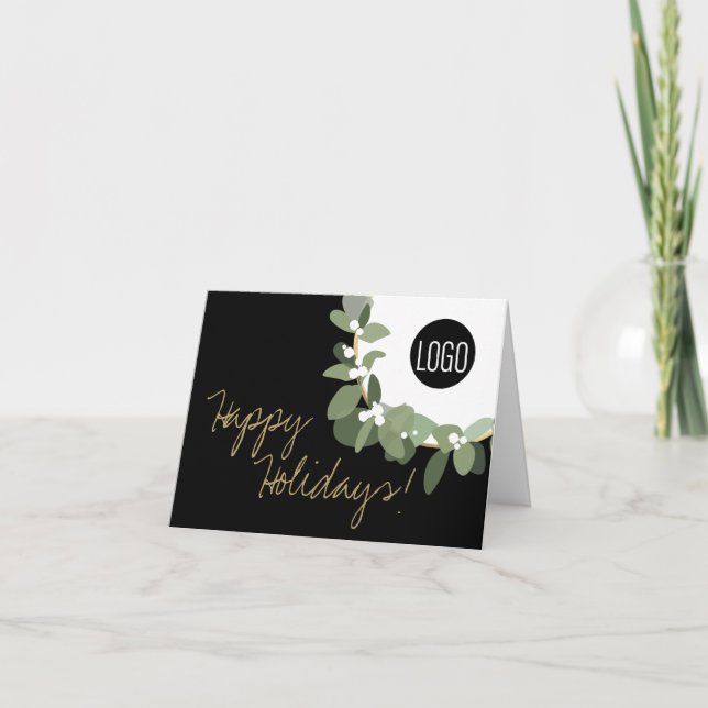 Eucalyptus Wreath Your Logo Company Black gold Holiday Card (Front)