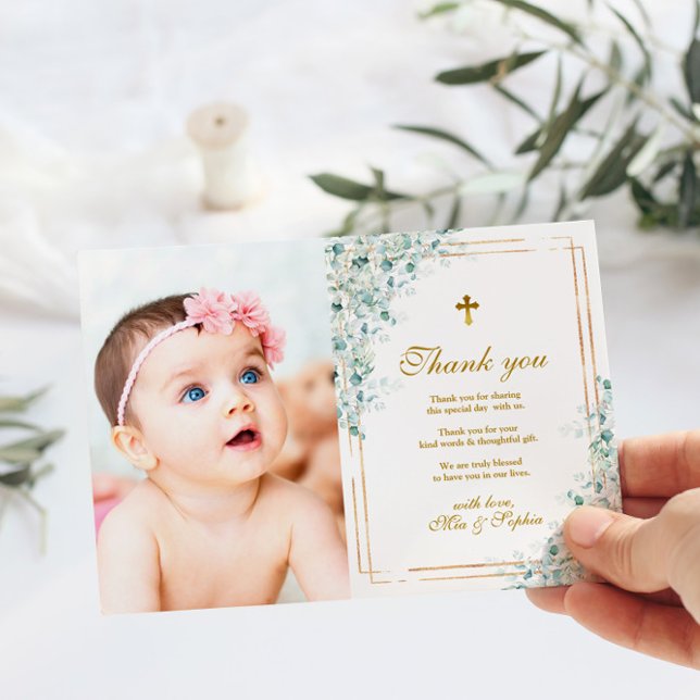 Eucalypyus & Gold Photo Baptism Thank You Card (Creator Uploaded)