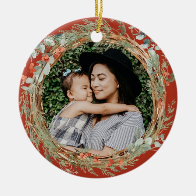 Eucalytus and Winterberry Wreath Photo Christmas Ceramic Ornament (Front)