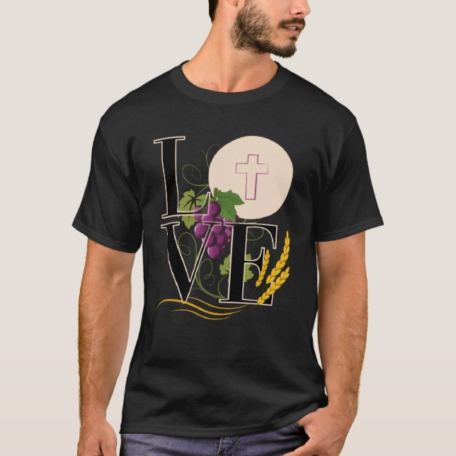 Eucharist LOVE Typography Host Wheat Grapes T-Shirt (Front)