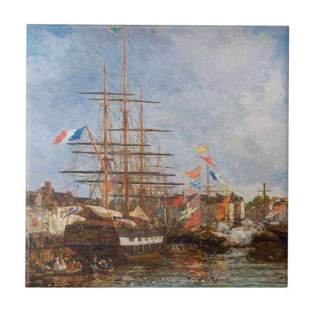 Eugene Boudin - Festival in the Harbour of Honfleu Tile (Front)