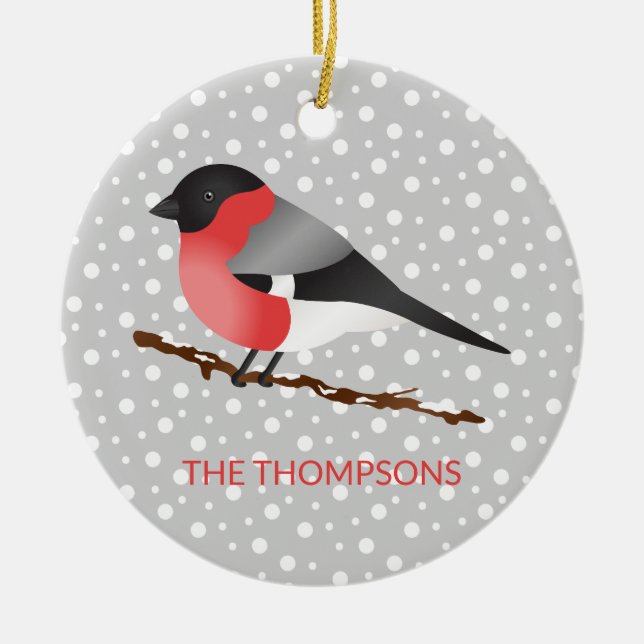 Eurasian Bullfinch & Custom Family Name Christmas Ceramic Ornament (Front)