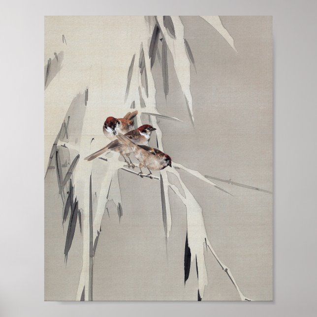 Eurasian Tree Sparrow in Snow, Watanabe Seitei Poster (Front)