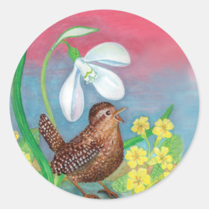 Eurasian wren & Snowdrop & Primroses Classic Round Sticker
