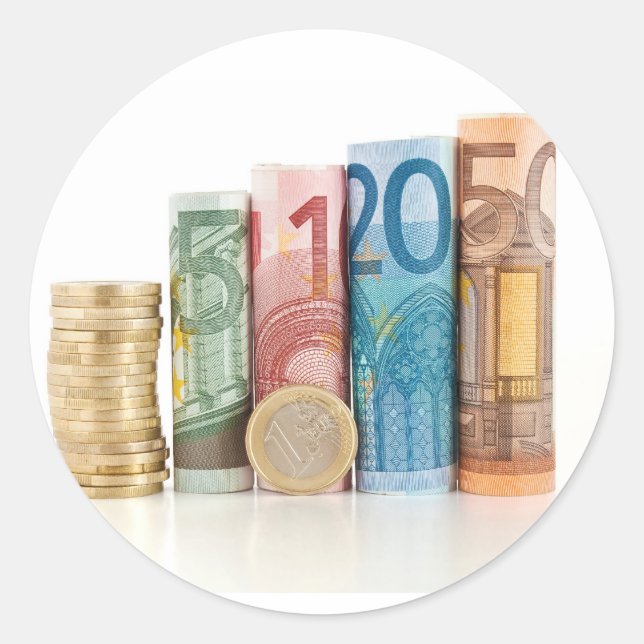 euro rolled bills and coin classic round sticker (Front)