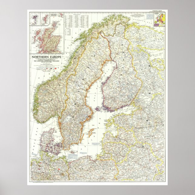 " Europe: 1954 Northern Europe detailed MAP ... Poster (Front)