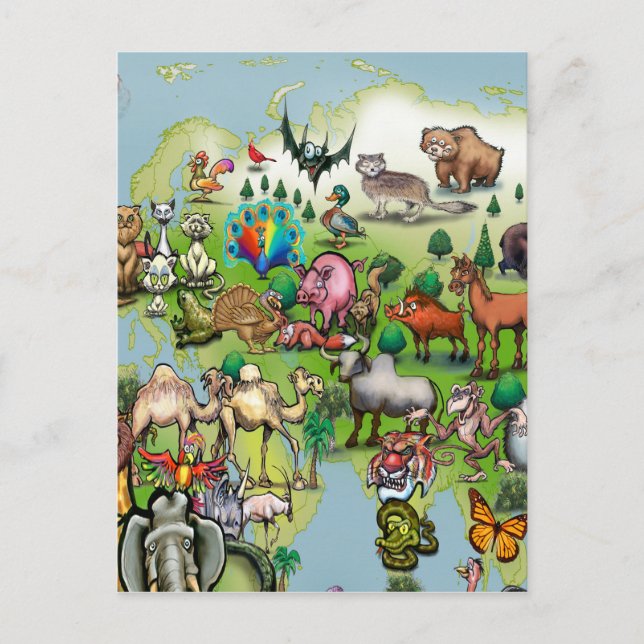 Europe Asia Animals World Map Postcard (Front)