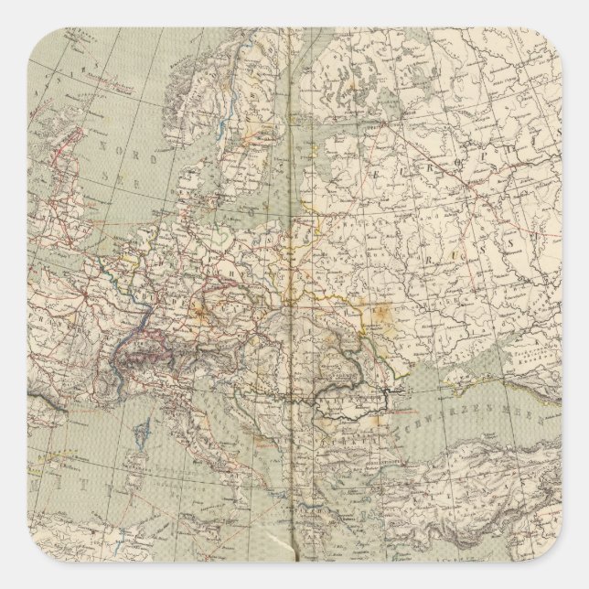 Europe Atlas Map showing railroads Square Sticker (Front)