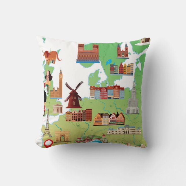 Europe Cartoon Map Throw Pillow (Front)