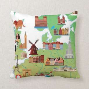 Europe Cartoon Map Throw Pillow