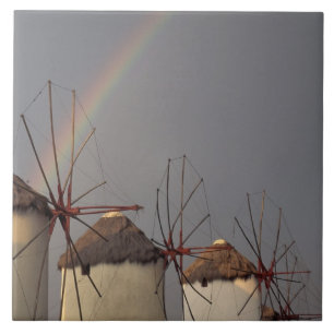 Europe, Greece, Mykonos. wind mill with rainbow Tile