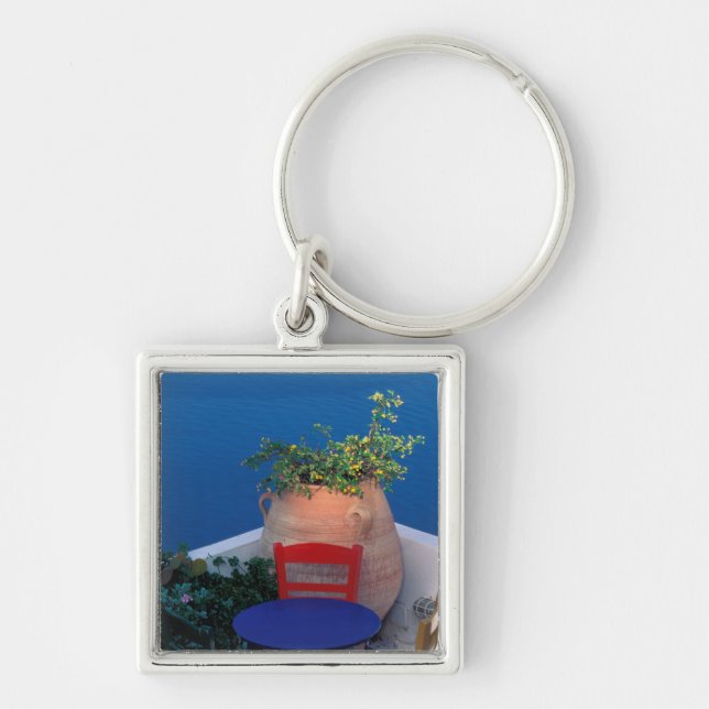 Europe, Greece, Santorini. Terrace with sea view Keychain (Front)