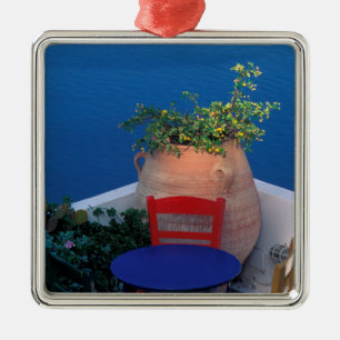 Europe, Greece, Santorini. Terrace with sea view Metal Ornament