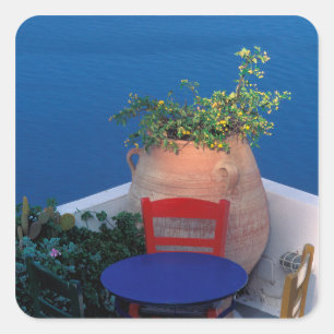 Europe, Greece, Santorini. Terrace with sea view Square Sticker