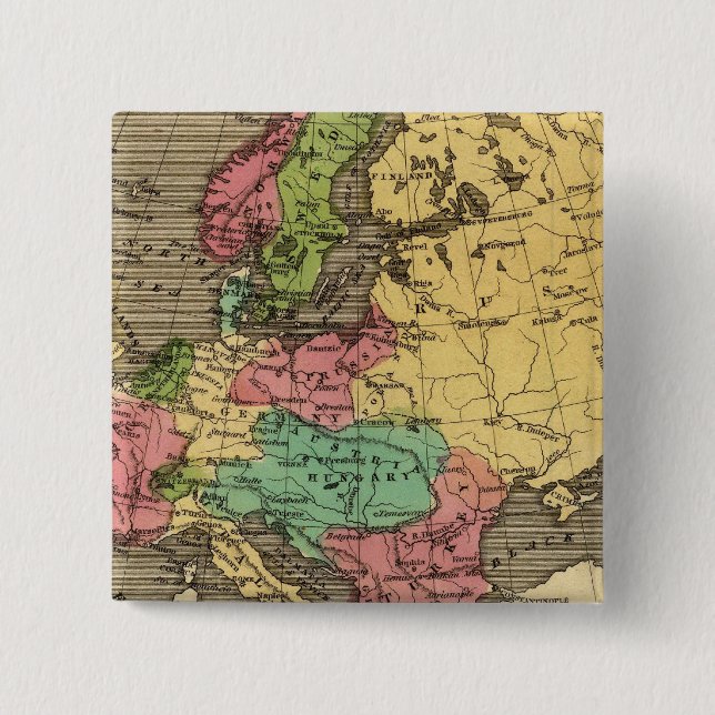 Europe Hand Coloured Atlas Map 2 Inch Square Button (Front)