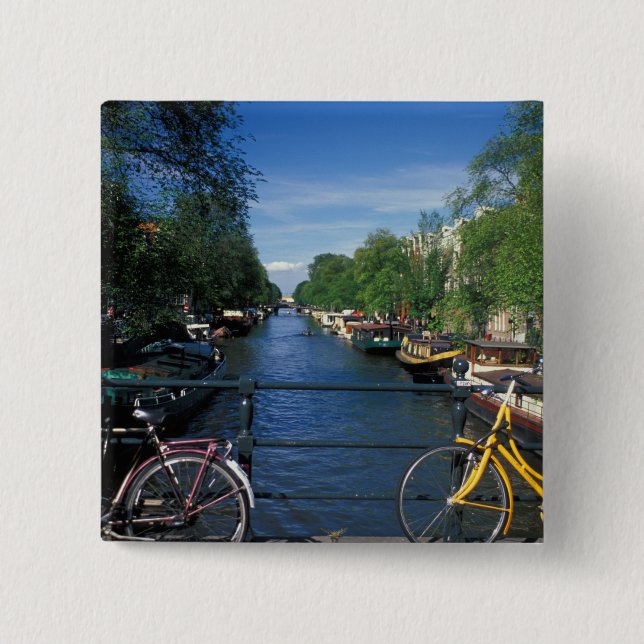 Europe, Holland, Amsterdam, yellow bicycle and 2 Inch Square Button (Front)