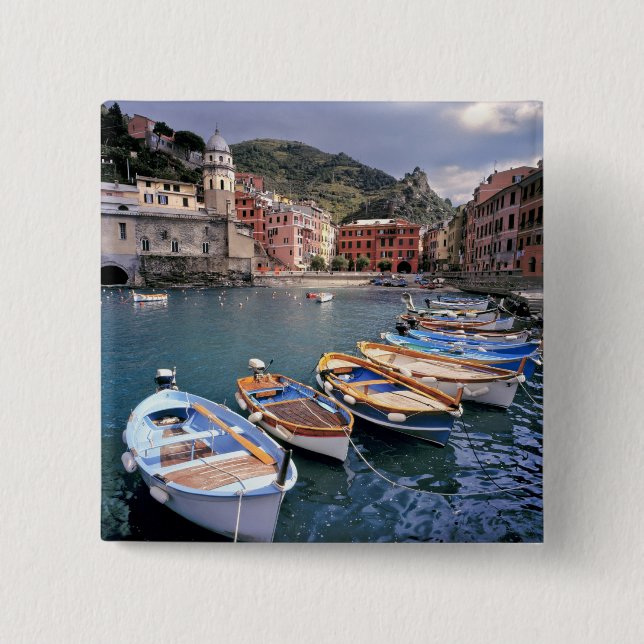 Europe, Italy, Vernazza. Brightly painted boats 2 Inch Square Button (Front)