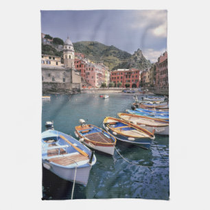 Europe, Italy, Vernazza. Brightly painted boats Kitchen Towel