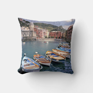 Europe, Italy, Vernazza. Brightly painted boats Throw Pillow