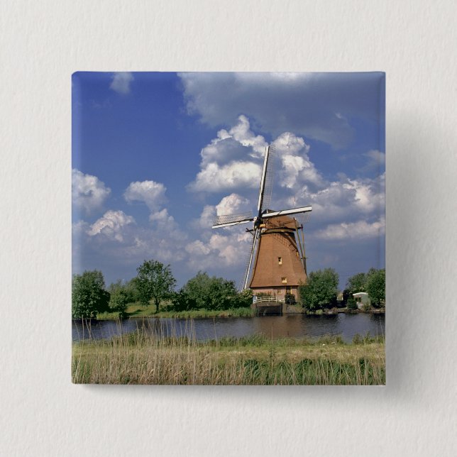 Europe, Netherlands, Kinerdijk. A windmill sits 2 Inch Square Button (Front)
